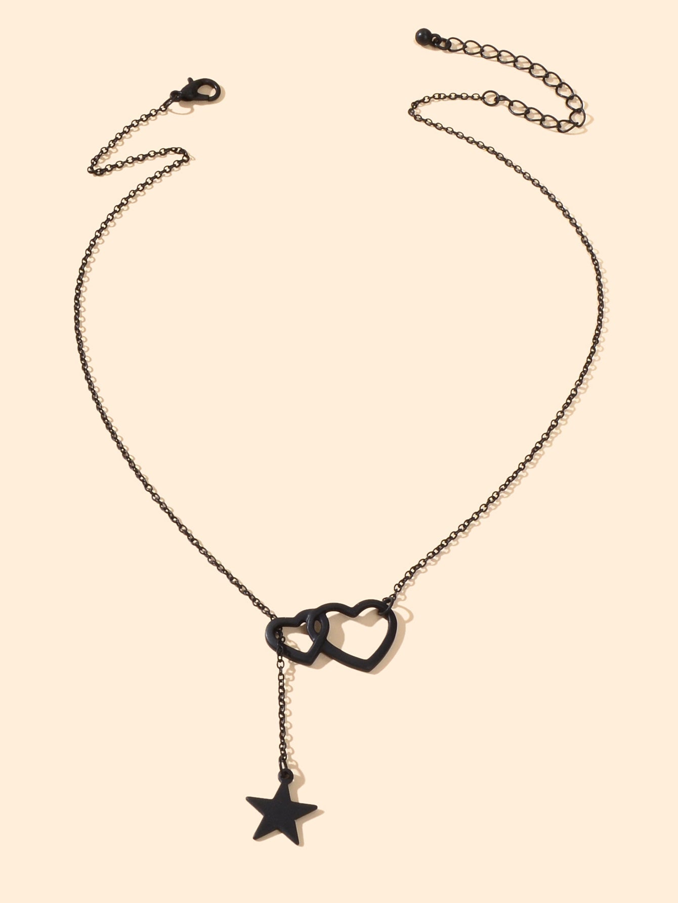 Black Chain Double Hearts Linked Star Pendant Y Lariat Necklace Clavicle Collar