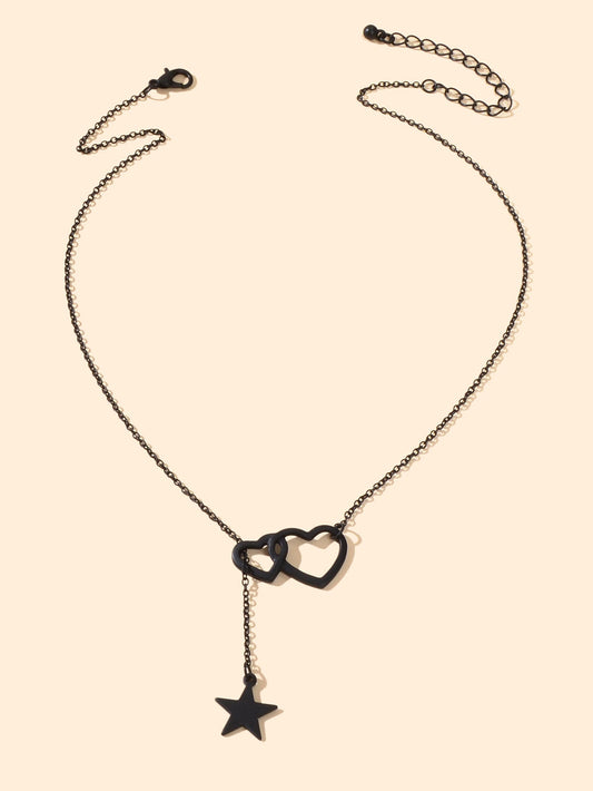 Black Chain Double Hearts Linked Star Pendant Y Lariat Necklace Clavicle Collar