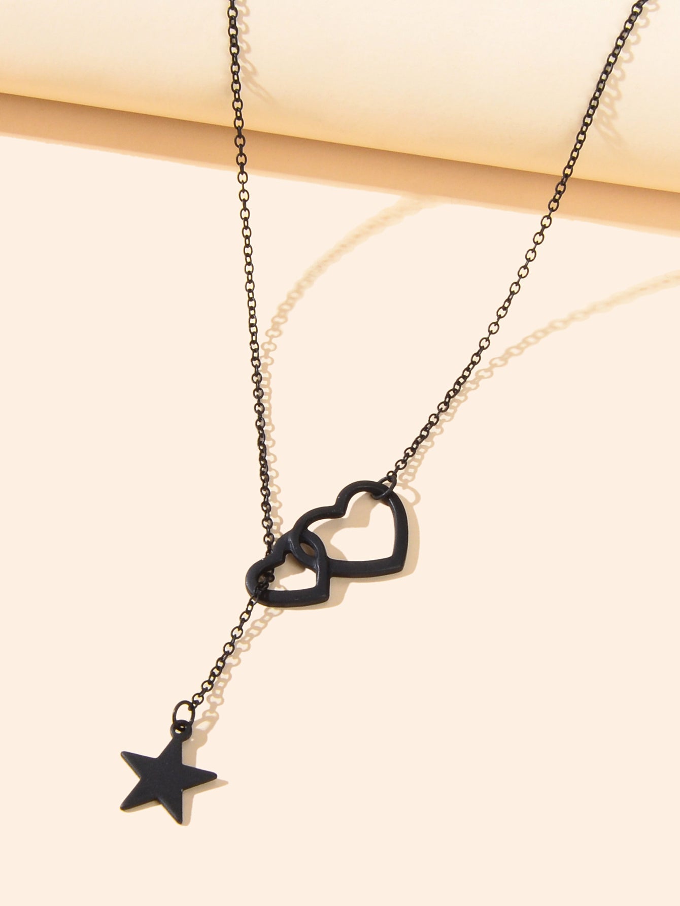 Black Chain Double Hearts Linked Star Pendant Y Lariat Necklace Clavicle Collar