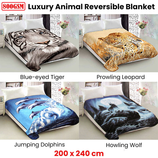NNEDSZ 800GSM Luxury Reversible Animal Pattern Mink Blanket Queen 200 x 240 cm Blue-eyed Tiger