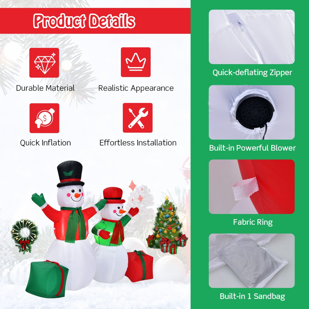 NNECW 1.82M & 1.52M Christmas Inflatable Snowmen with LED Lights